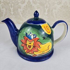 Whittard of Chelsea Ceramic Blue Teapot Lion Elephant Hand Painted in Thailand